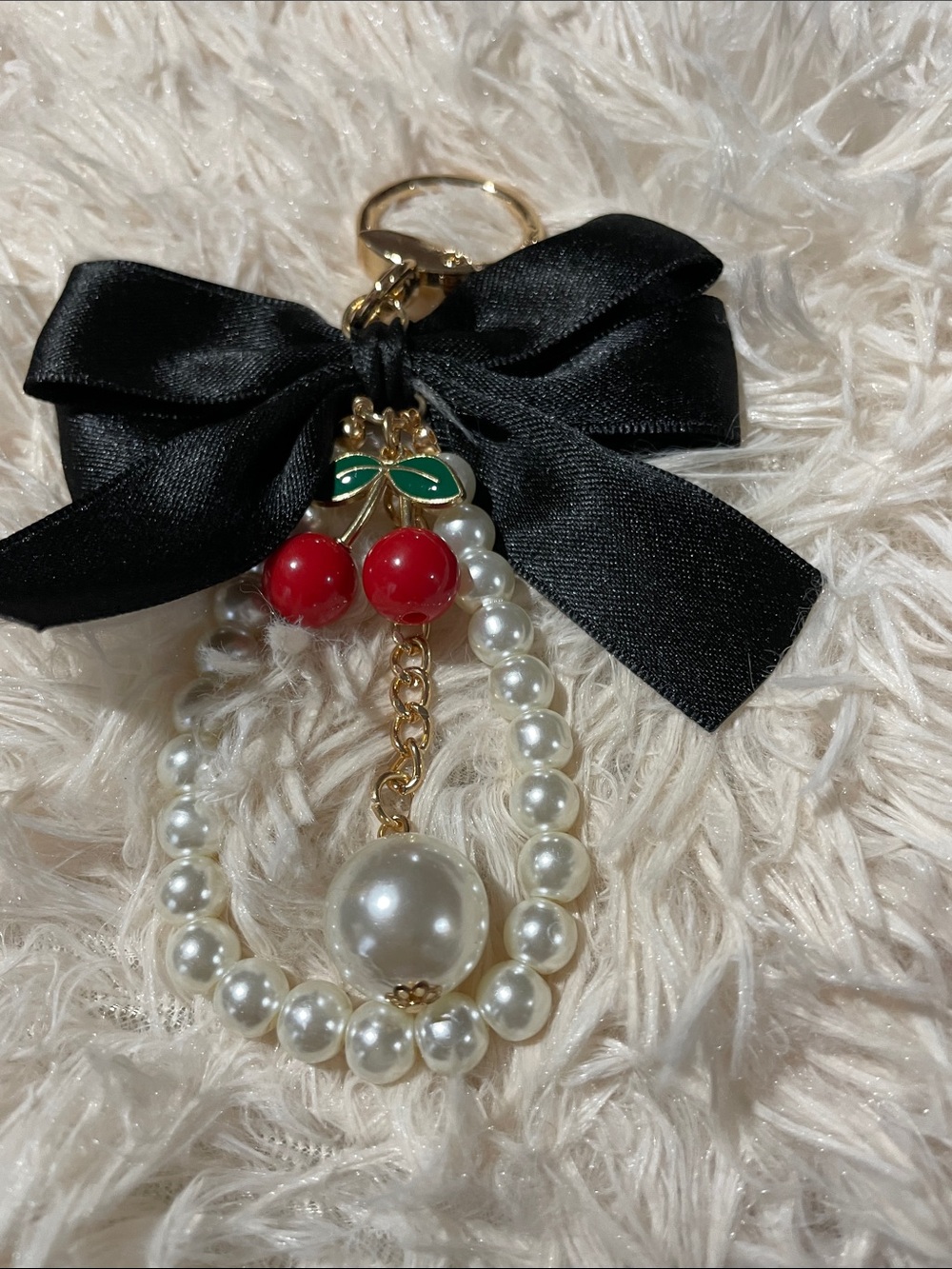 Pearl Cherry Bow Keychain Bag Charm - Black Bow, White Pearls NWOT